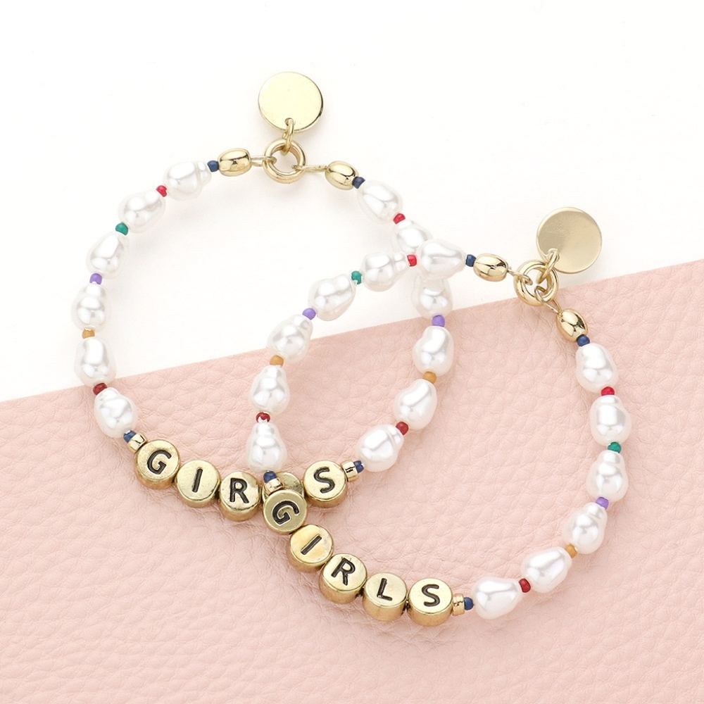 Gold Cream Pearl GIRLS Worded Beaded Circle Dangle Hoop Earrings